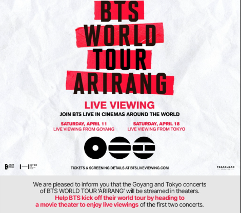 BTS World Tour ‘ARIRANG’ Live Viewing Announced: Goyang and Tokyo Concerts to Stream in Theatres Worldwide