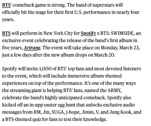 BTS to Hold First U.S. Performance in Nearly 4 Years at Spotify x BTS: SWIMSIDE Event in New York