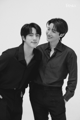 Jin and J-Hope behind the scenes at the Festa 2025 photo shoot!