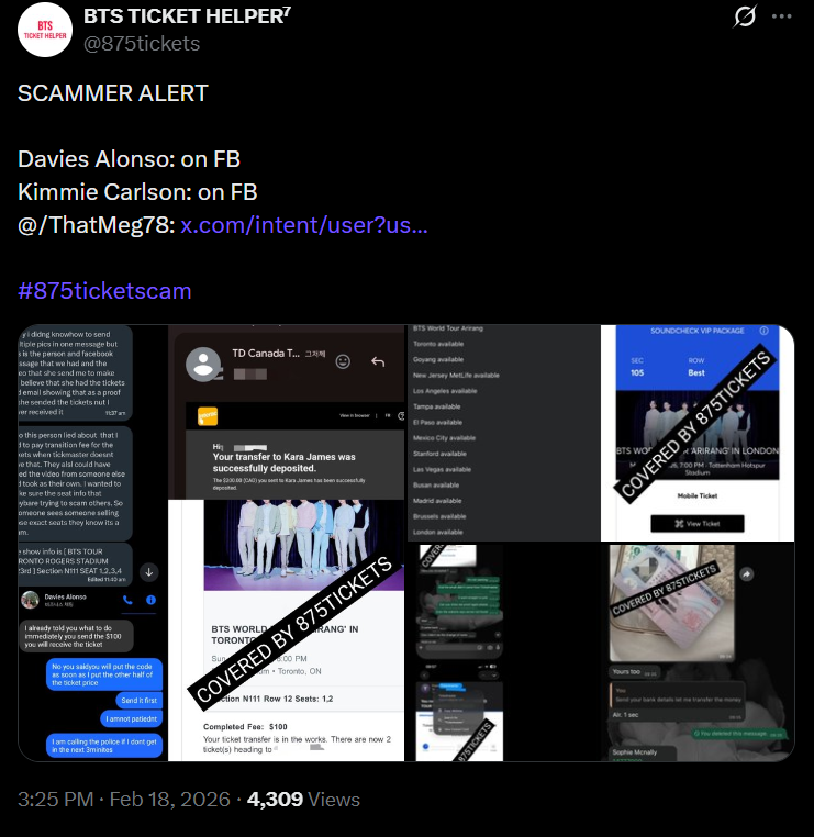 X Post by BTS Ticket Helper Confirming the Scammer