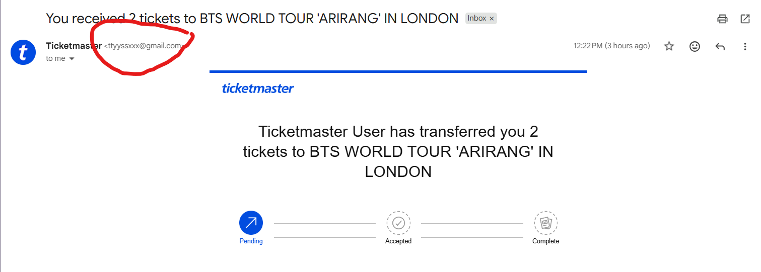 Fake ticket transfer email showing phishing sender address